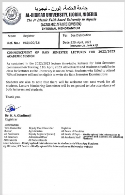 AL-Hikmah University notice on commencement of rain semester lectures, 2022/2023