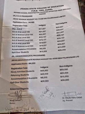 Jigawa State COE schedule of fees, 2022/2023