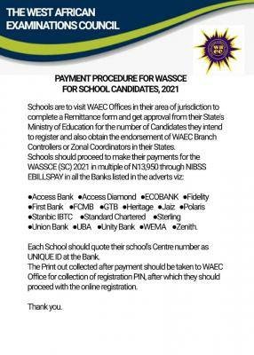 WAEC notice to schools on payment of 2021 WASSCE for school candidates