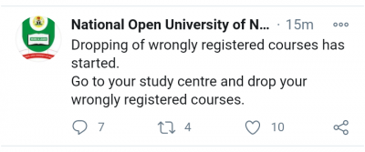 NOUN notice to students on dropping of wrongly registered courses