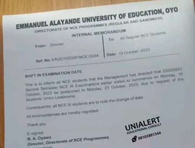 Emmanuel Alayande University of Education notice on shift in NCE examination, 2022/2023