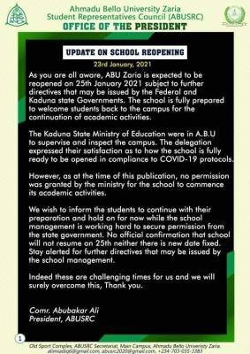 ABU SUG notice to students on resumption