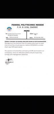 Fed Poly Nekede notice on payment of fees and CBT examinations