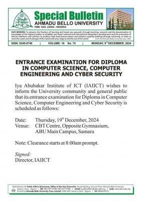 ABU Institute of ICT entrance exam for Diploma in Computer sci., Computer Engr. & Cyber Security