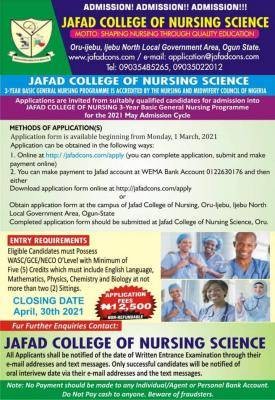 JAFAD College of Nursing Science admission form, 2021/2022