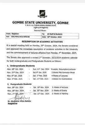 GOMSU notice to resumption of academic activities