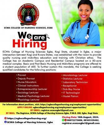 ECWA College of Nursing Sciences announces vacancies