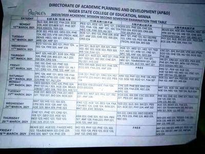 Niger state COE 2nd semester examinations time table 2019/2020