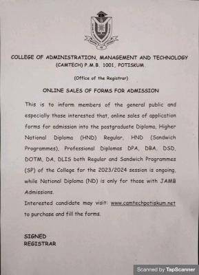 College of Administration, management & Tech. online sales of forms for admission, 2023/2024