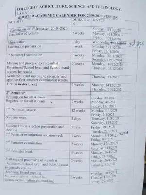 College of Agriculture, Science and Technology, Lafia resumption and 2019/2020 academic calendar