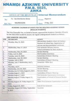 UNIZIK releases academic calendar for the 2022/2023 session