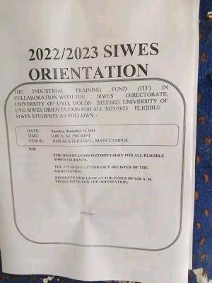 UNIUYO notice on orientation exercise for SIWES students, 2022/2023