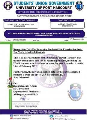 UNIPORT SUG notice to new and returning students