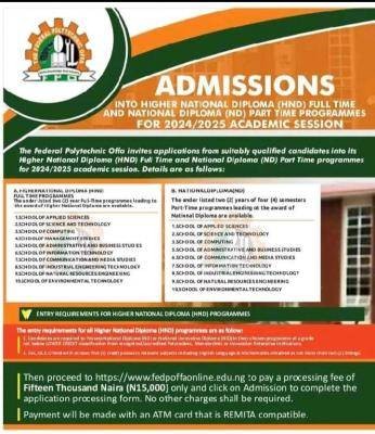 Federal Polytechnic Offa HND full-time and ND Part-Time Admission, 2024/2025