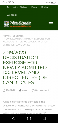 FUAM registration procedure for newly admitted students, 2019/2020 session