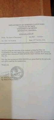 UNIBEN notice to students in Department of Foreign Languages writing FOL 116 exam