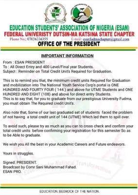 FUDutsin-ma ESAN important reminder to all DE, 400L/final year students on total credit units required for graduation