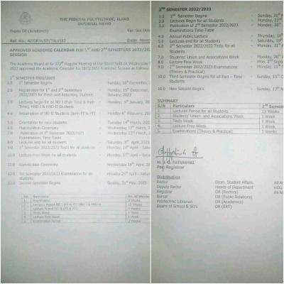 ILAROPOLY approved academic calendar for 1st and 2nd semester, 2022/2023