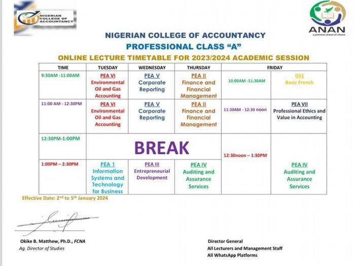 Nigerian College of Accountacy online lecture timetable, 2023/2024