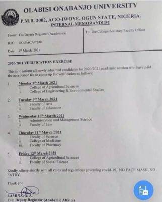 OOU notice to newly admitted students on verification exercise, 2020/2021 session