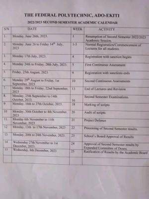 Federal Polytechnic, Ado-Ekiti 2nd semester academic calendar, 2022/2023 session