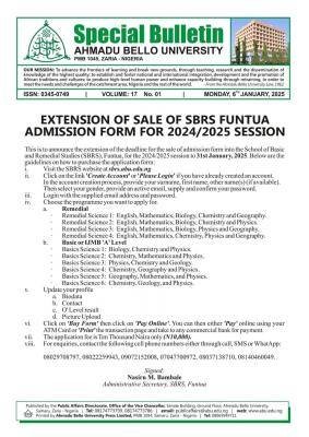 ABU Zaria extends sales of SBRS Funtua admission form, 2024/2025