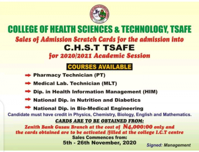 College of Health Sciences and Technology, Tsafe admission for 2020/2021 session