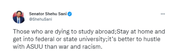 'It’s better to hustle with ASUU than war and racism' senator advises Nigerians studying abroad