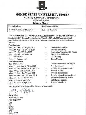 GSU adjusted academic calendar for 100L students, 2021/2022