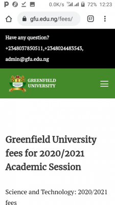 Greenfield University school fees and charges for 2020/2021 academic session