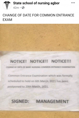 School of Nursing, Agbor announces postponement of common entrance exam