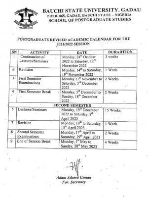 BASUG revised postgraduate academic calendar, 2021/2022