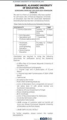 Emmanuel Alayande University of Education announces screening exercise, 2024/2025