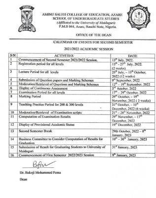 Aminu Saleh COE second semester academic calendar, 2021/2022