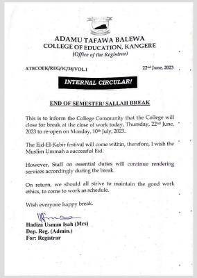 Adamu Tafawa Balewa COE end of semester/Sallah break