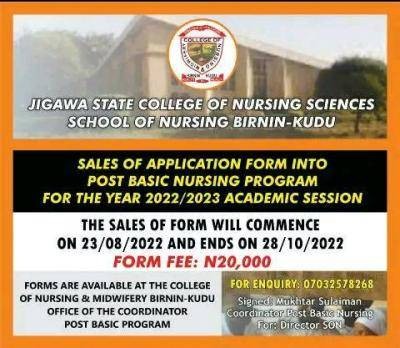 Jigawa State College of Nursing Science Birnin Kudu Post Basic Nursing form, 2022/2023