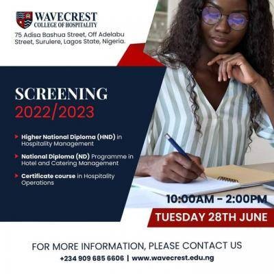 Wavecrest College of Hospitality next batch admission screening exercise, 2022/2023