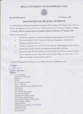 Bells University notice on resumption to 100 level students