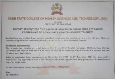 Kebbi State College of Health Sciences and Technology, Jega admission into community health ND programme