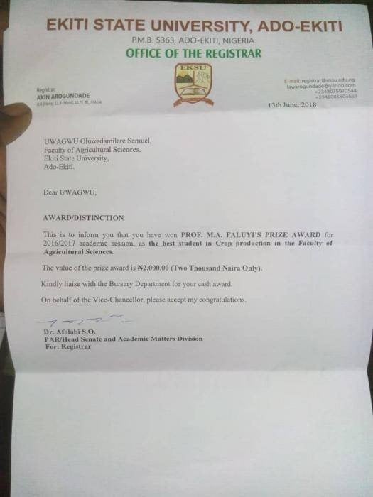 EKSU Best Student Gets N2,000 Cash Prize [PHOTO]