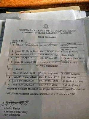 FCE Zaria NCE Academic Calendar for 2021/2022 session