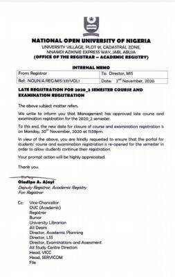 NOUN notice on late registration for 2020_2 semester course and exam registration