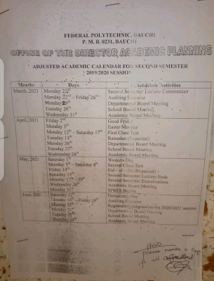 Fed Poly, Bauchi adjusted 2nd semester academic calendar for 2019/2020 session