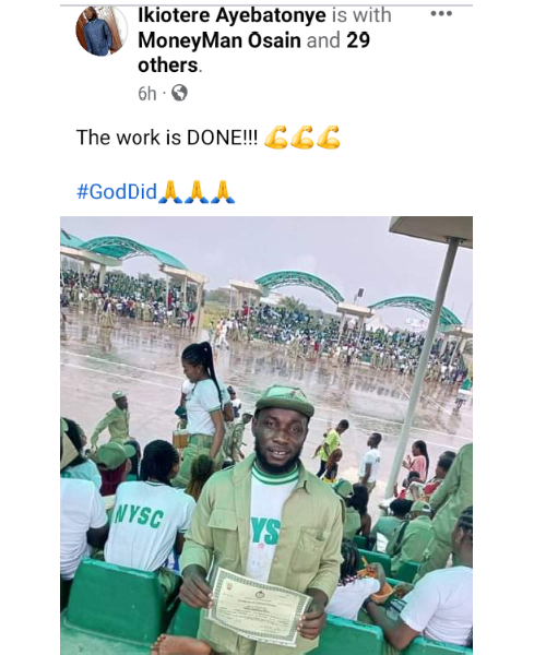 "No excuse for failure''- physically challenged NYSC members says as he celebrates end of service