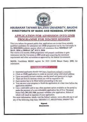 ATBU admission into IJMB programme for 2024/2025 session