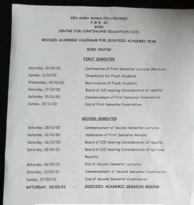 Ken Saro Wiwa Polytechnic Center for Continuing Education Revised Academic Calendar for 2019/2020 Session