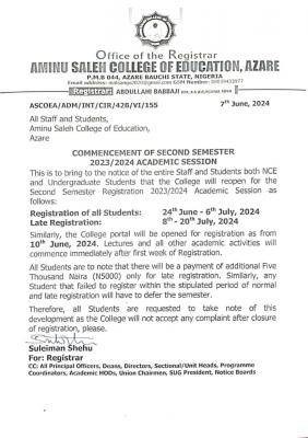 Aminu Saleh COE notice on commencement of 2nd semester for 2023/2024 session