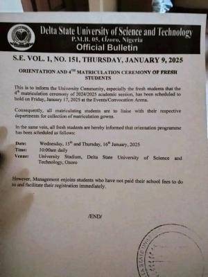 DSUST announces orientation & 4th Matriculation Ceremony