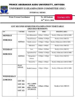 PAAU second semester GST examination timetable, 2023/2024