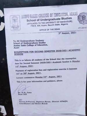 Aminu Saleh COE (affiliated to UNIMAID) notice on 2nd semester resumption, 2020/2021